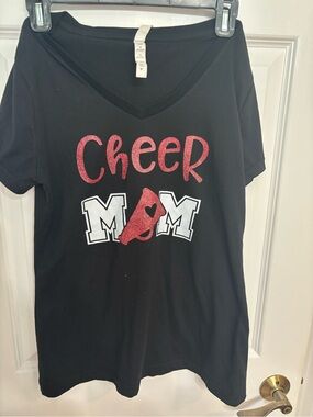 Cheer Mom Black T-Shirt with Red Glitter Graphics-Vicky